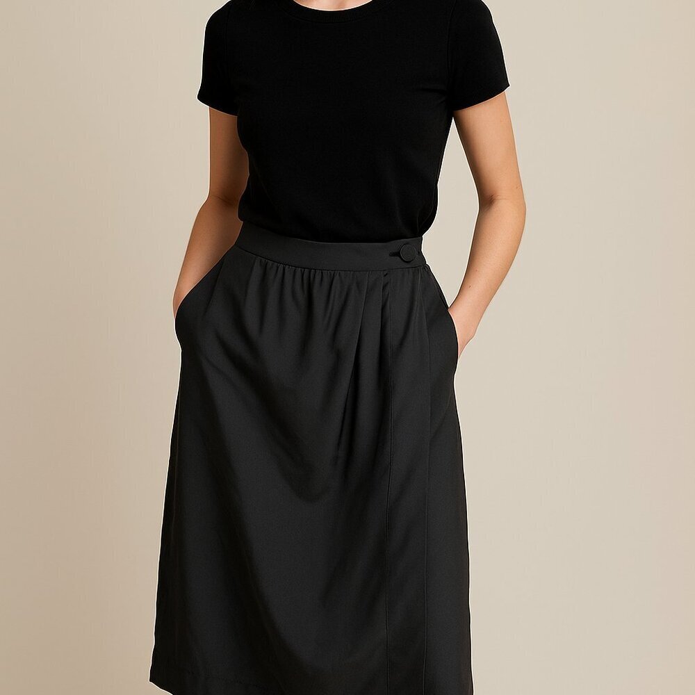 Vintage 1980s Campus Casuals Black Midi Wrap Skirt Satin Look Minimalist